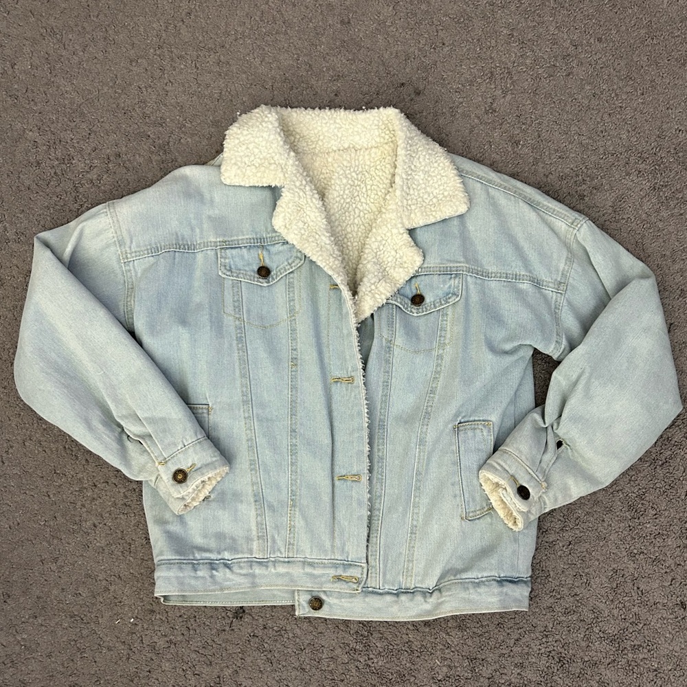 SHEIN Light Blue Jean Jacket with White Sherpa Collar